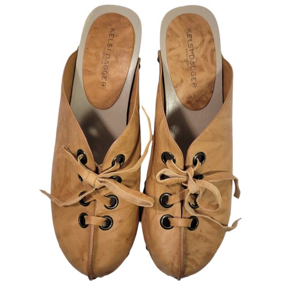 Kelsi Dagger Clogs Tan Leather Lace Up Wedge Wood Heel Mule Slip On Retro Size 9 - Picture 13 of 15